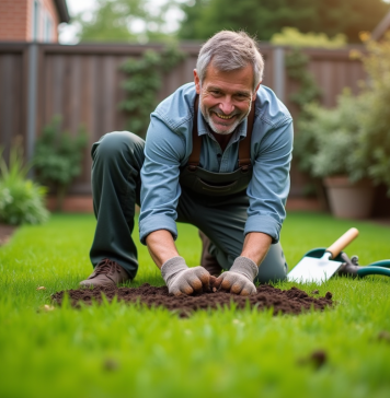 Gazon bien vert : astuces pour un beau jardin écologique et luxuriant Homme d'âge moyen appliquant compost naturel sur la pelouse