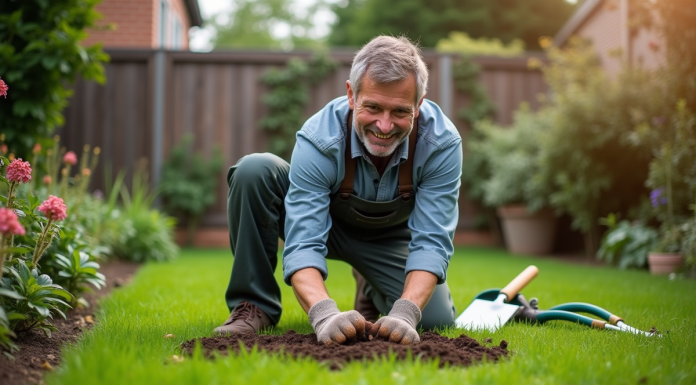 Homme d'âge moyen appliquant compost naturel sur la pelouse