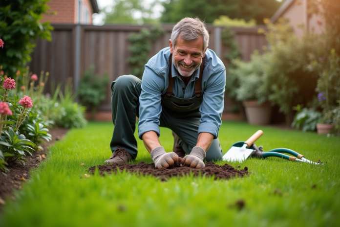 homme-jardinage-compost Homme d'âge moyen appliquant compost naturel sur la pelouse