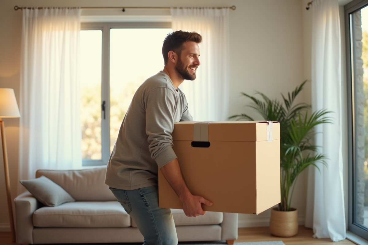 Homme soulevant une caisse dans un salon lumineux