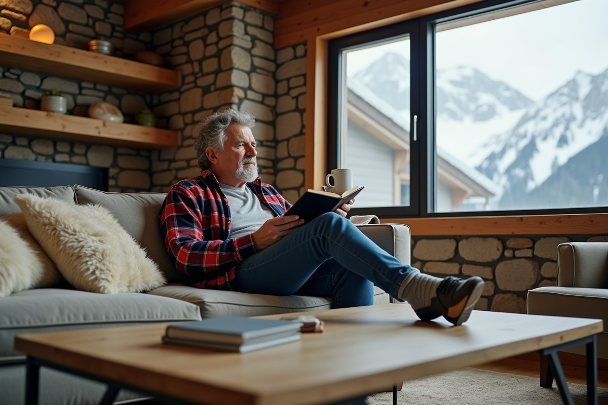 Homme lisant dans un salon de montagne moderne