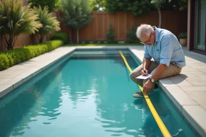 Homme mesurant une piscine extérieure avec un ruban
