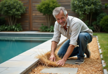 Homme en jeans roulés et chemise en lin près de la piscine
