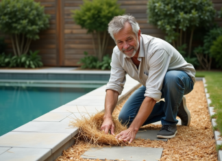Pailler autour d’une piscine : techniques et astuces faciles à mettre en place Homme en jeans roulés et chemise en lin près de la piscine