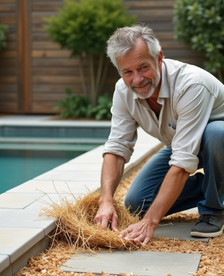 Homme en jeans roulés et chemise en lin près de la piscine