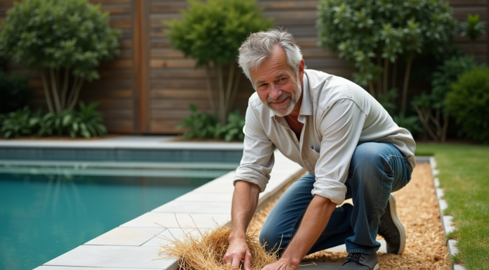 Homme en jeans roulés et chemise en lin près de la piscine