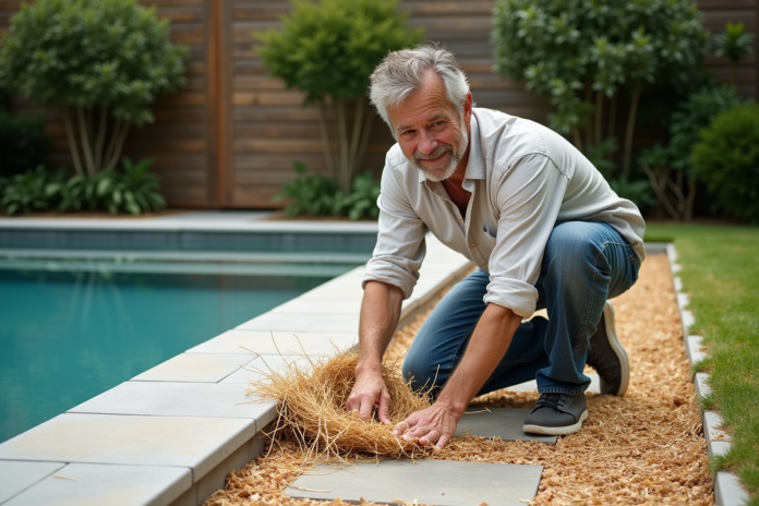 homme-multch-piscine Homme en jeans roulés et chemise en lin près de la piscine