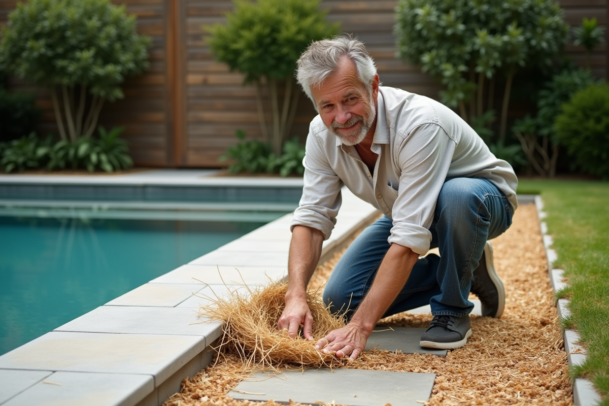 Homme en jeans roulés et chemise en lin près de la piscine