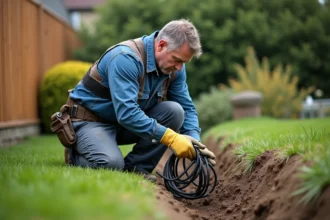 Homme en vêtements de travail inspectant un câble électrique dans le jardin