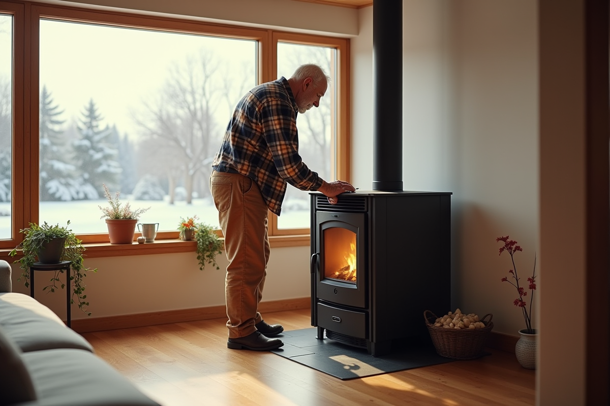 Homme âgé utilisant un poêle à pellets dans une pièce lumineuse