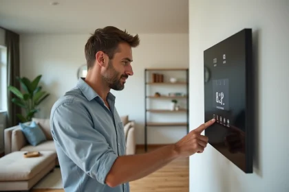Homme d'âge moyen utilisant un panneau de contrôle domotique