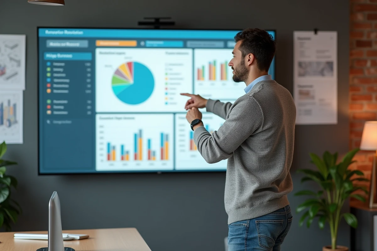 Homme expliquant des graphiques de budget sur un écran dans un espace de coworking
