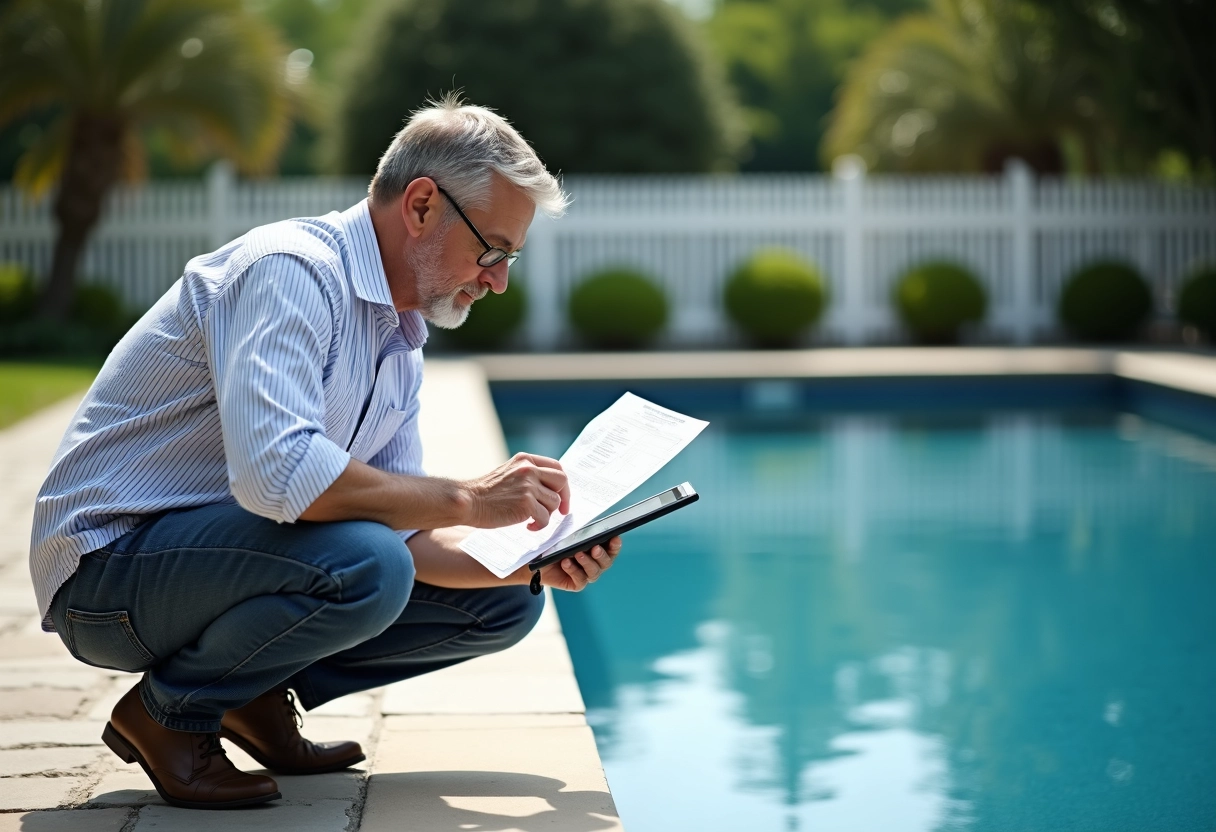 Homme utilisant une tablette près de la piscine dans un jardin