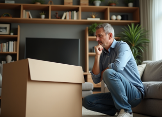 Homme d'âge moyen près d'une grande boîte TV dans un salon cosy