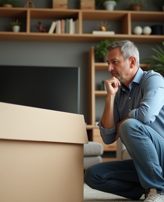 Homme d'âge moyen près d'une grande boîte TV dans un salon cosy