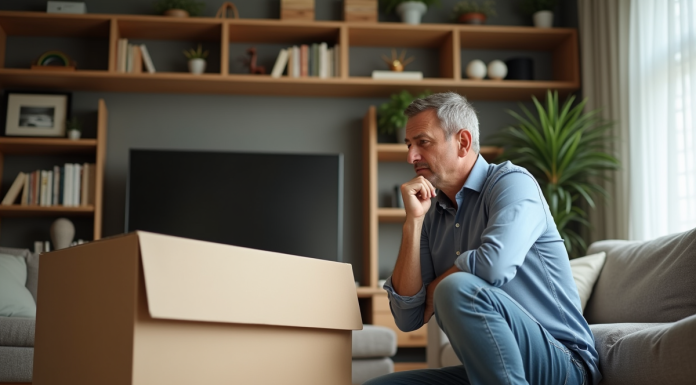 Homme d'âge moyen près d'une grande boîte TV dans un salon cosy