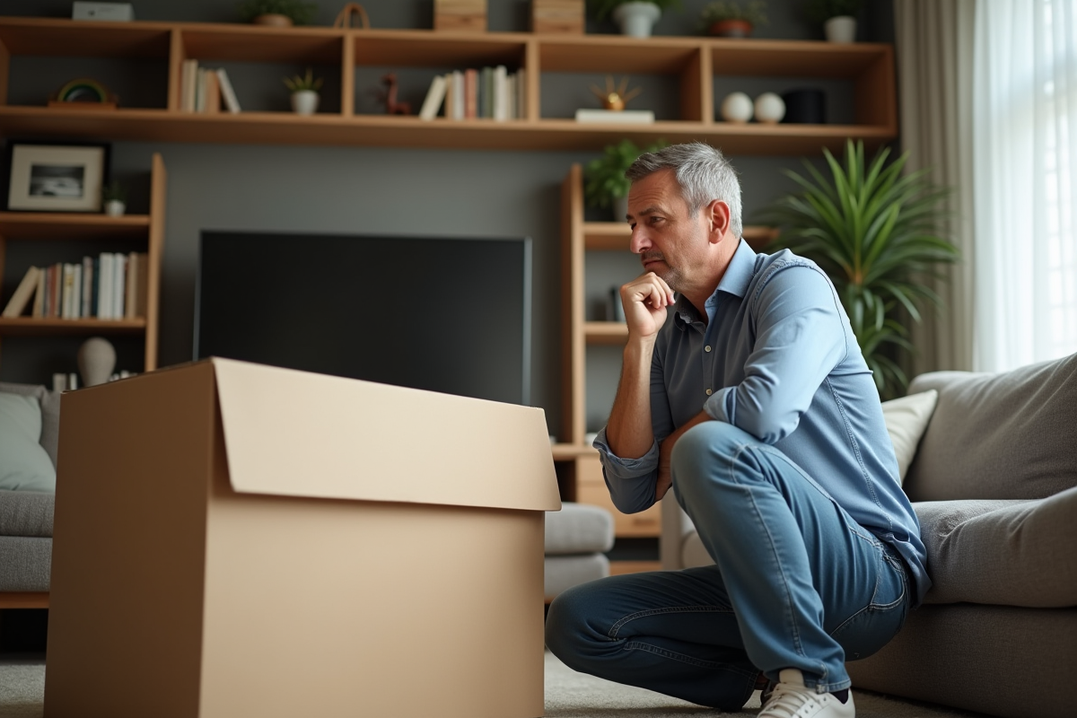 Homme d'âge moyen près d'une grande boîte TV dans un salon cosy