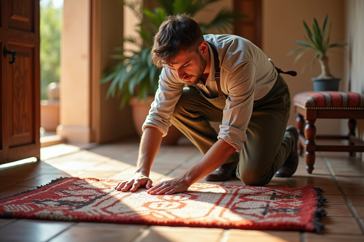 Jeune homme inspectant un tapis berbere après nettoyage
