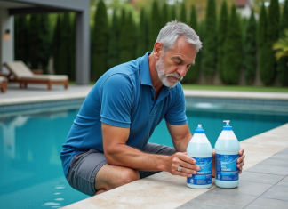 Homme d'âge moyen tenant deux bouteilles de produits pour piscine