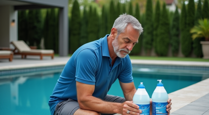 Homme d'âge moyen tenant deux bouteilles de produits pour piscine