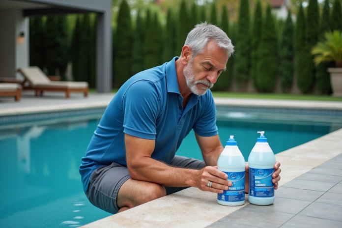 Homme d'âge moyen tenant deux bouteilles de produits pour piscine