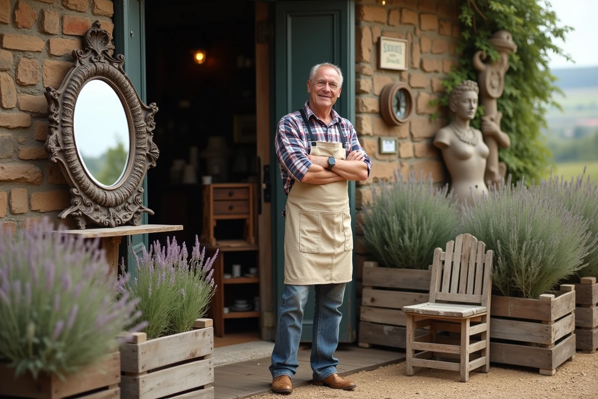 Homme examinant un miroir vintage dans une brocante