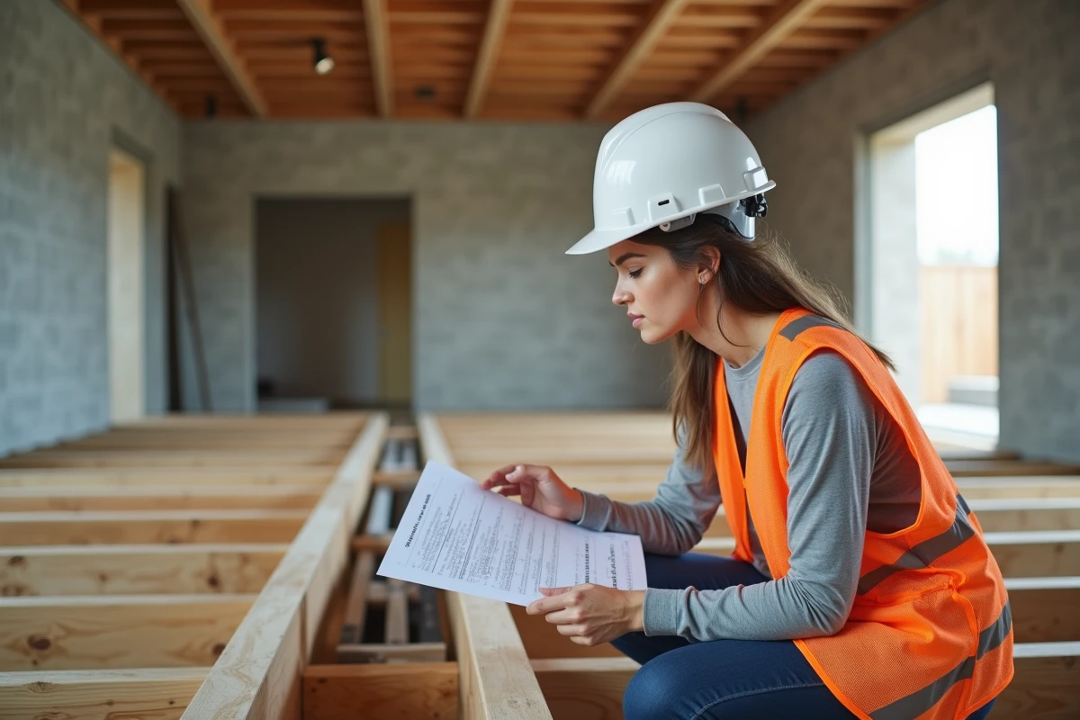Ingénieure en structure vérifiant la portée admissible d'un bastaing madrier dans un chantier de plancher bois