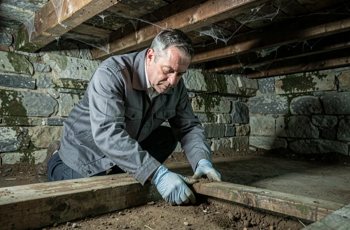Expert en bâtiment inspectant des solives en bois dans le vide sanitaire d'une maison ancienne pour détecter le capricorne des maisons