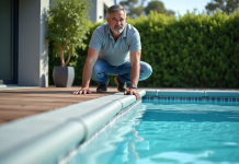 Coût installation couverture piscine automatique : tarifs et conseils Homme inspectant la couverture automatique de la piscine