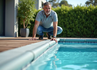 Homme inspectant la couverture automatique de la piscine