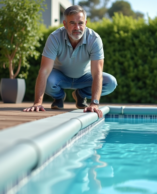 Homme inspectant la couverture automatique de la piscine