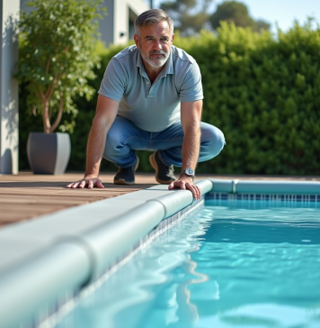 Coût installation couverture piscine automatique : tarifs et conseils Homme inspectant la couverture automatique de la piscine