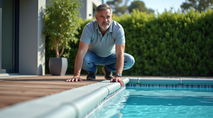 Homme inspectant la couverture automatique de la piscine