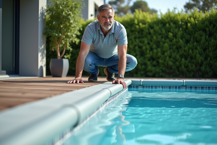 Homme inspectant la couverture automatique de la piscine