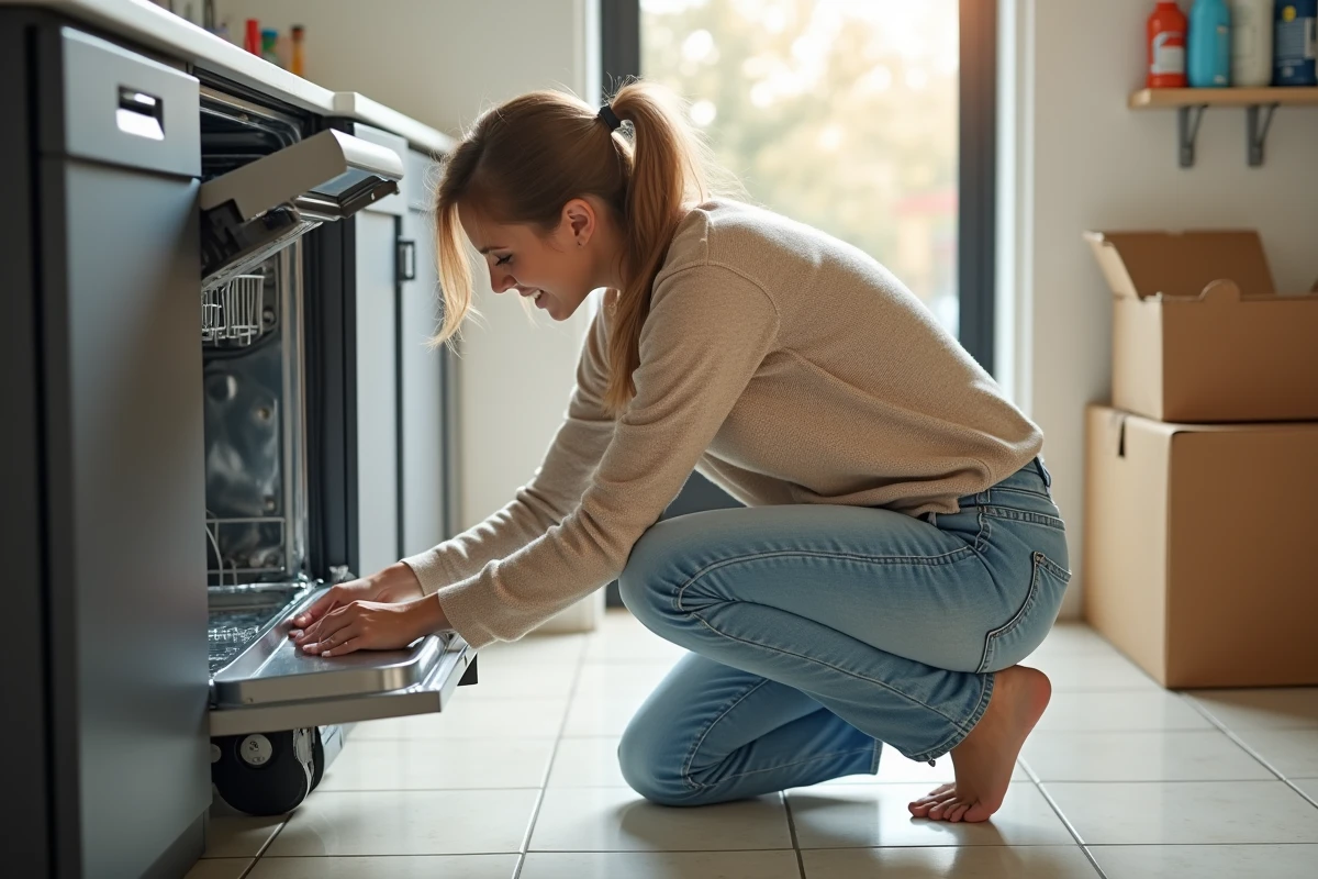 Jeune femme vérifie la connexion du tuyau de lavevaisselle dans une buanderie lumineuse