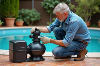 Homme inspectant un filtre de piscine en extérieur