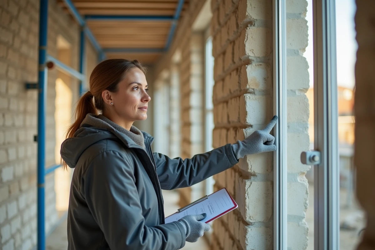 Inspectrice en bâtiment examinant un joint de fenêtre aluminium avec de la mousse expansive défaillante sur un chantier de rénovation en pierre