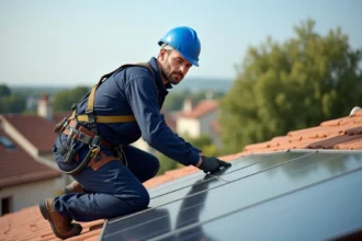 Technicien installant des panneaux solaires sur un toit de maison individuelle en France