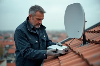 Technicien installant un amplificateur pour antenne TNT sur un toit résidentiel avec câble coaxial