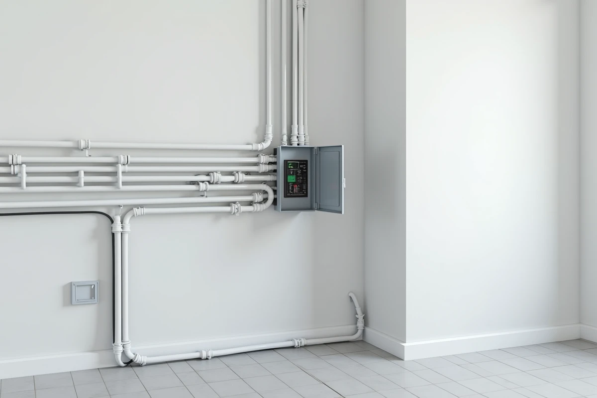 Vue d'ensemble d'une installation de goulottes PVC blanches correctement posées le long des murs depuis un tableau électrique en saillie dans une pièce technique