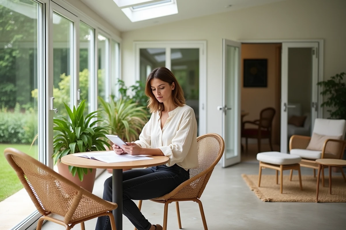 Intérieur d'une véranda aménagée en espace de vie avec femme consultant des devis de travaux