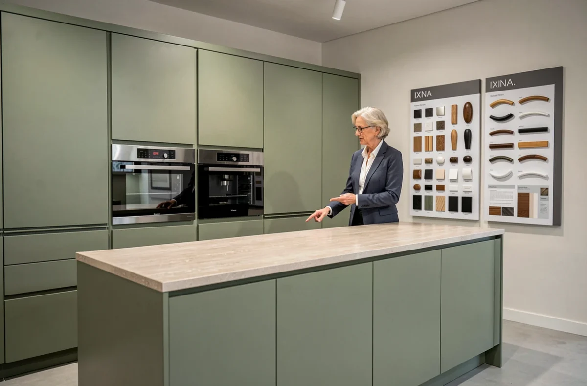 Cuisine vert sauge sans poignées exposée dans le showroom Ixina de Nîmes avec une conseillère commerciale