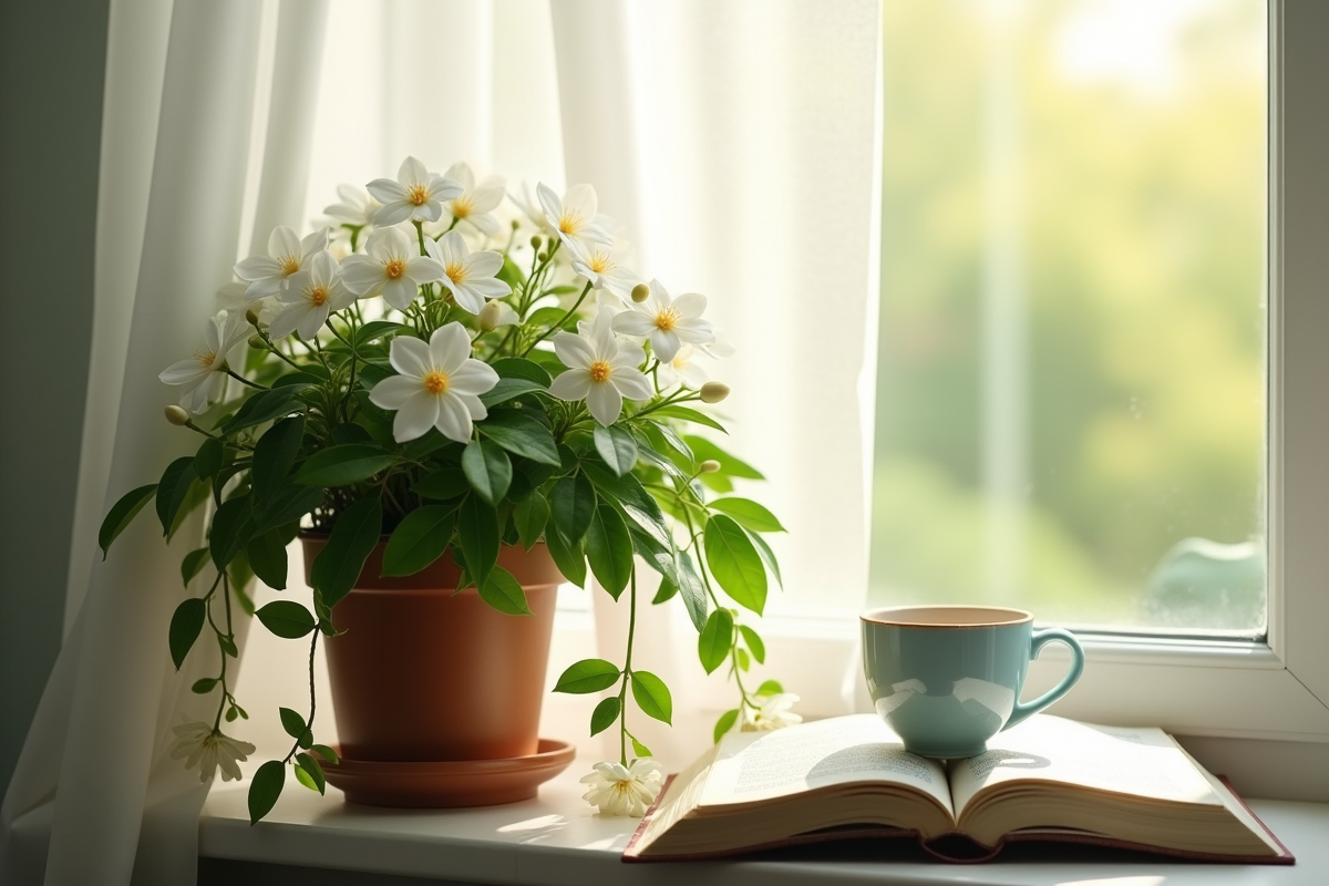 Jasmin en pleine floraison sur une fenêtre lumineuse avec tasse et livre