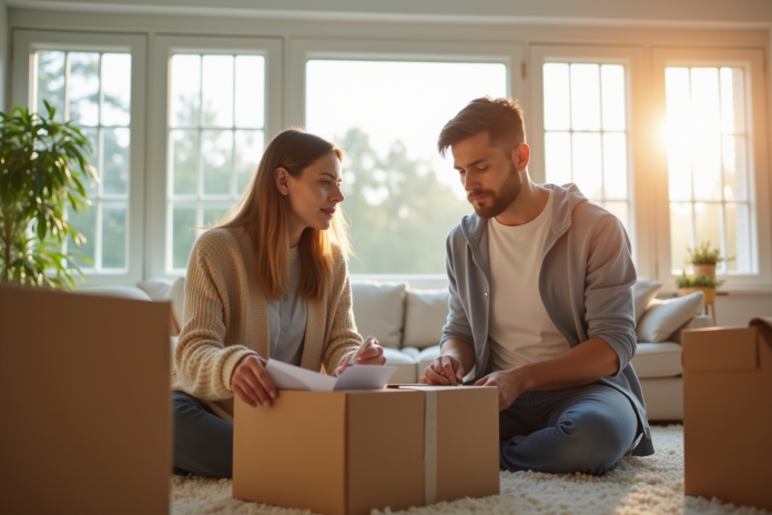 jeune-couple-demenagement-living-room Jeune couple avec cartons dans un salon lumineux en train de trier