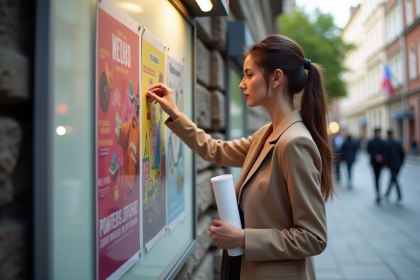 Jeune femme examine une affiche colorée sur un panneau publicitaire en ville