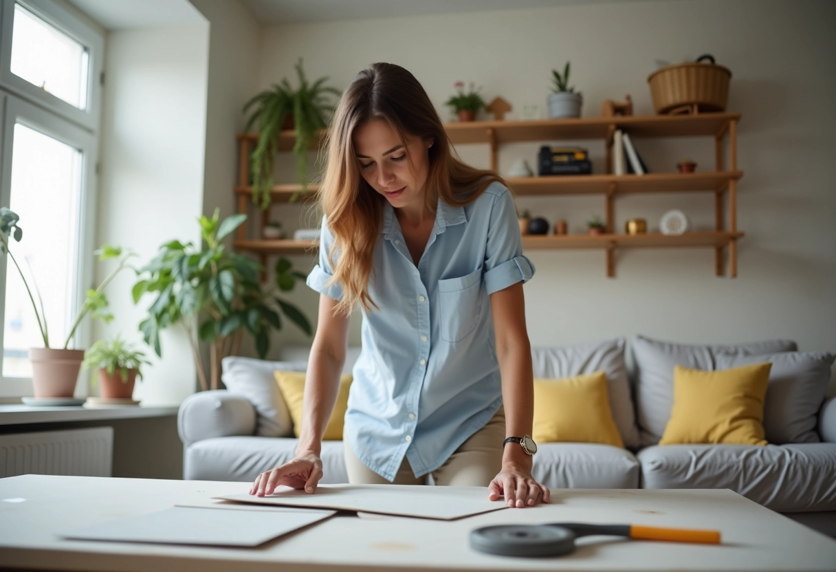Jeune femme préparant une plaque de placo dans son salon lumineux