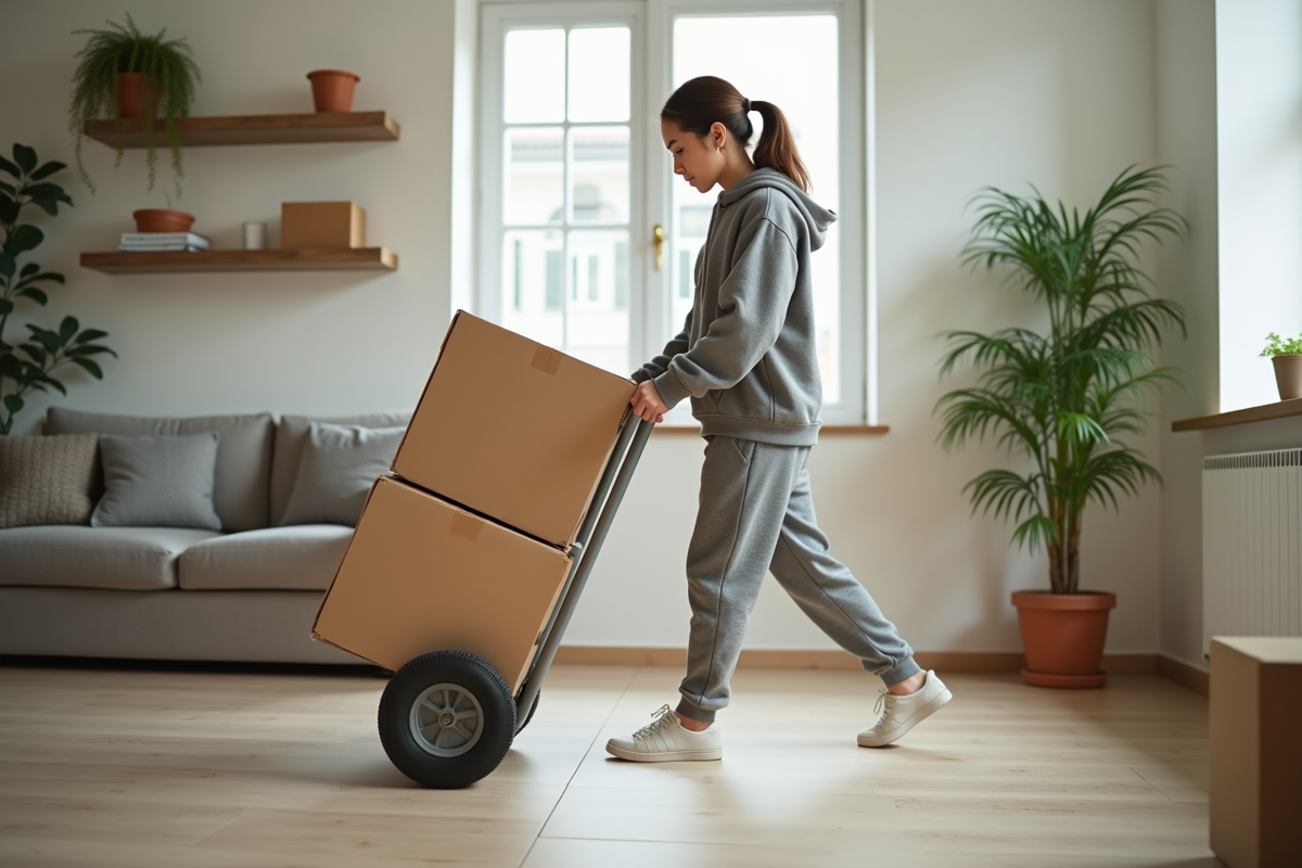 Jeune femme utilisant un chariot pour déplacer des cartons dans un appartement rénové