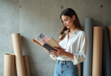 Jeune femme examine des échantillons de tissus colorés