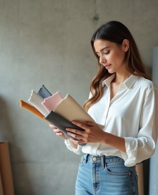 Jeune femme examine des échantillons de tissus colorés
