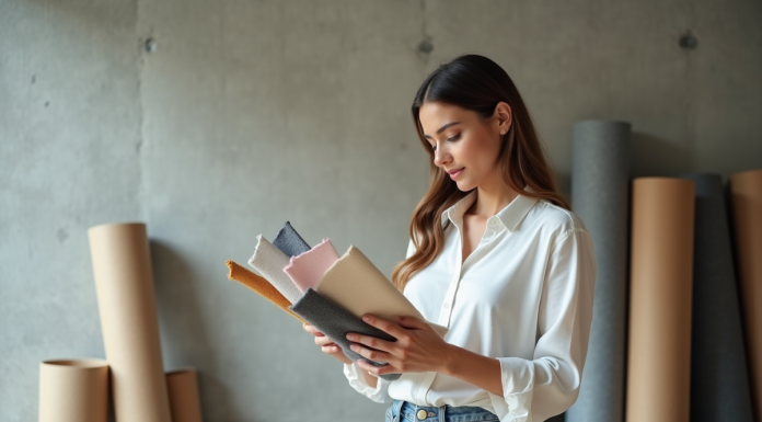 Jeune femme examine des échantillons de tissus colorés